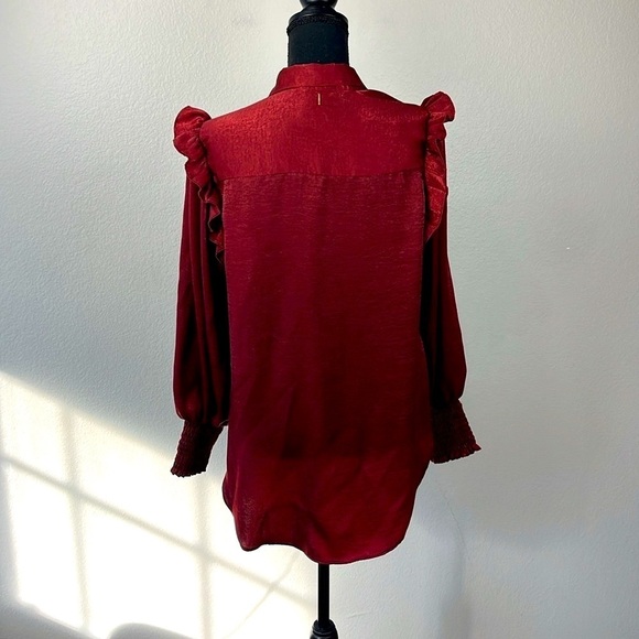 Misa LA Donata Satin Blouse M Maroon Smocked Cuffs Ruffle Shoulders/Pockets Top - Picture 7 of 14